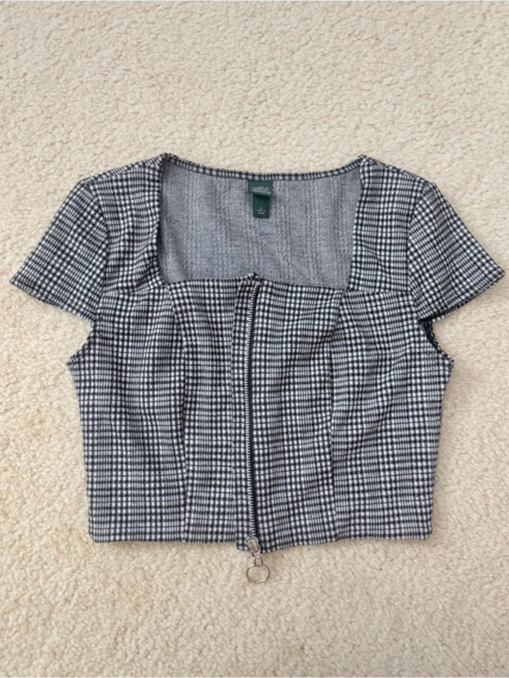 wild fable Black & White Checked Square-Neck Crop Top with Front Zip